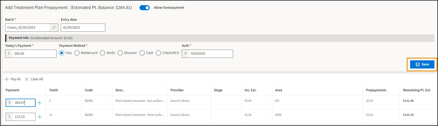 Treatment Plan prepayment with allow overpayment checked and a yellow highlight box around the Save button.